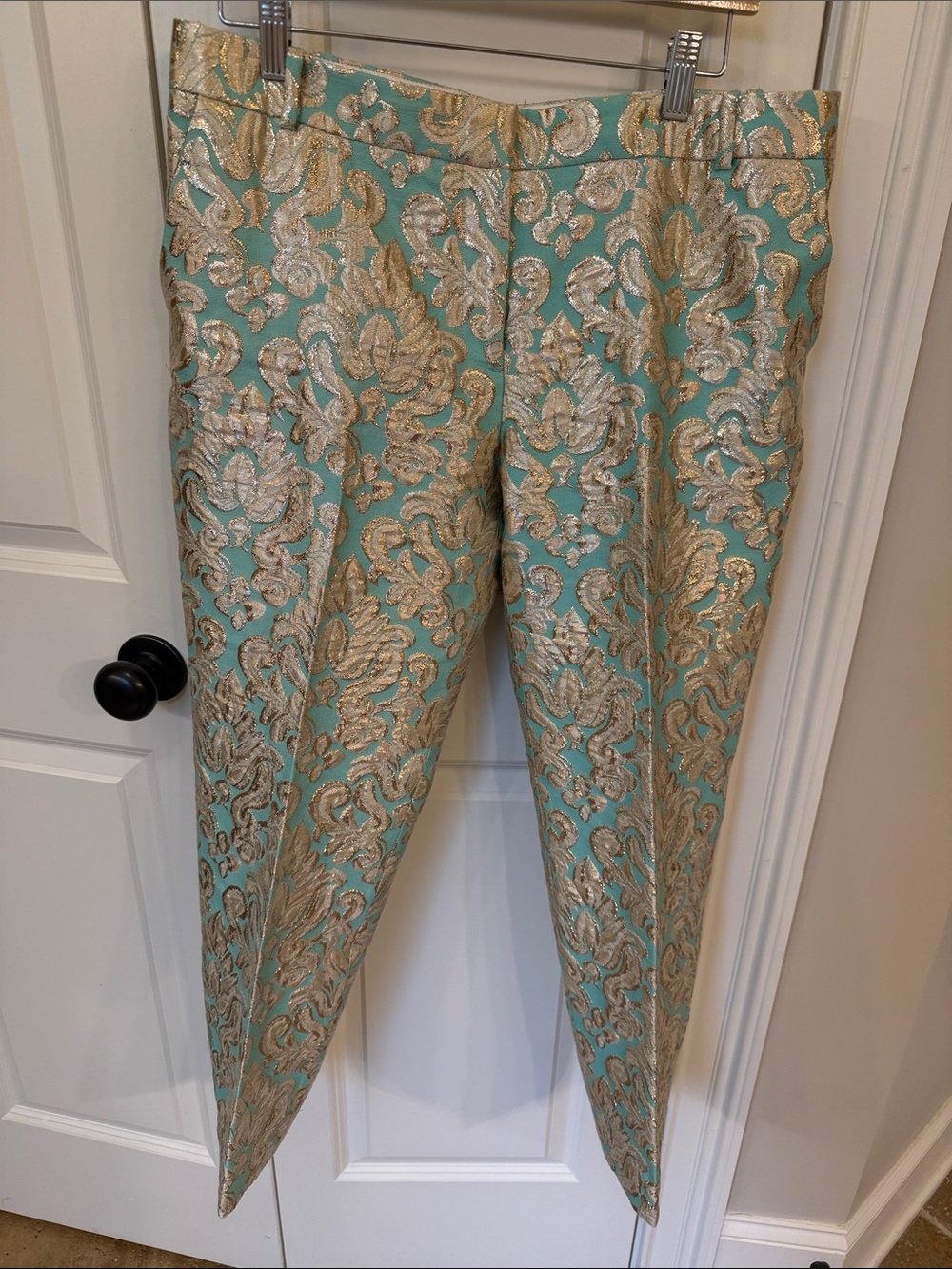 J Crew Collection lined 12 Aqua and Gold Brocade Dress Pants cropped